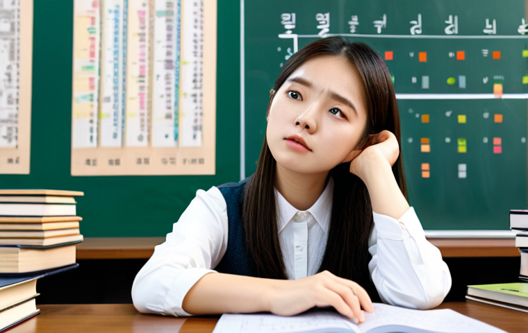 A professional-looking female student in a modest, smart casual outfit, sitting at a modern wooden desk. She is surrounded by Korean language textbooks, open notebooks displaying complex grammar charts, and scattered pens. Her expression is thoughtful and slightly overwhelmed, yet determined, as she gazes at the intricate Korean particles. The background is a softly blurred, well-lit academic study room. Professional photography, high resolution, soft lighting, sharp focus, natural pose, perfect anatomy, correct proportions, well-formed hands, proper finger count, natural body proportions, fully clothed, appropriate attire, safe for work, appropriate content, modest, family-friendly.