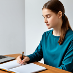 A dedicated young adult, fully clothed in a modest long-sleeved shirt and trousers, seated comfortably at a modern, well-organized study desk. They are attentively looking at a sleek laptop displaying a language learning application's user interface, with virtual flashcards or vocabulary exercises visible. A cup of tea and a neat notebook are placed nearby. The background is a clean, softly lit study area, suggesting a focused and productive atmosphere. Professional photography, high resolution, soft lighting, natural colors, professional dress, safe for work, appropriate content, fully clothed, family-friendly, perfect anatomy, correct proportions, natural pose, well-formed hands, proper finger count, natural body proportions.