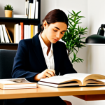 Focused Reading Environment**

A brightly lit, organized study space. A woman, fully clothed in modest professional attire, sits upright at a desk with a book open in front of her. A warm-toned desk lamp illuminates the page. In the background, a clean bookshelf and a plant add to the calming atmosphere. Safe for work, appropriate content, professional environment, perfect anatomy, natural proportions, high quality.

**