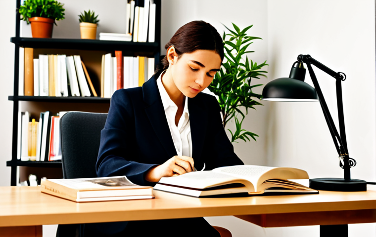 Focused Reading Environment**
A brightly lit, organized study space. A woman, fully clothed in modest professional attire, sits upright at a desk with a book open in front of her. A warm-toned desk lamp illuminates the page. In the background, a clean bookshelf and a plant add to the calming atmosphere. Safe for work, appropriate content, professional environment, perfect anatomy, natural proportions, high quality.
**