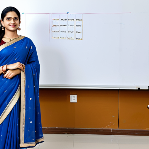 Home 20 **
"A professional Hindi teacher standing in front of a whiteboard, fully clothed in a modest saree, classroom setting, safe for work, appropriate content, perfect anatomy, natural proportions, family-friendly, educational environment, high quality."
**