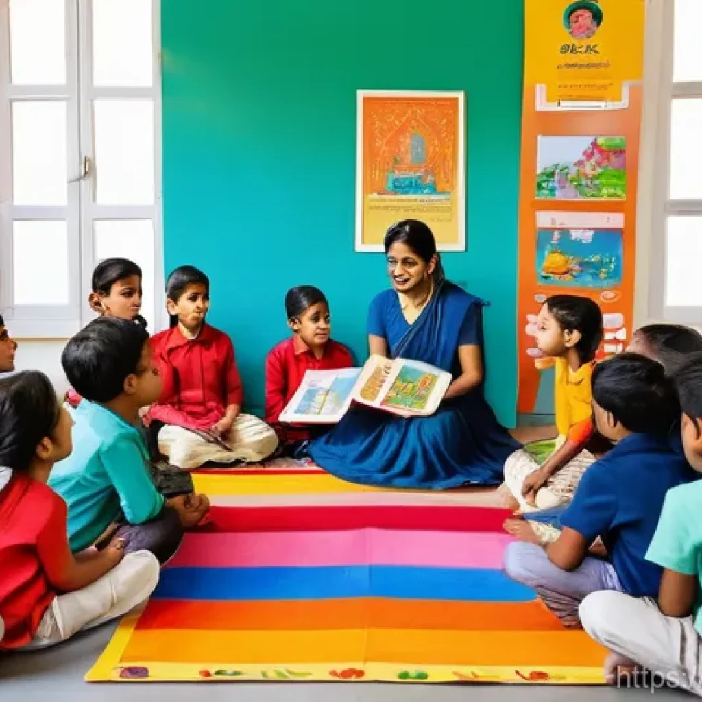 국어 수업 계획 작성법 - **Vibrant Hindi Storytelling & Playtime in a Classroom**
    A brightly lit, cheerful elementary cla...