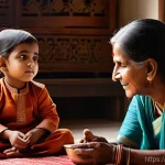 국어와 언어 심리학의 관계 - **Prompt:** "A heartwarming scene depicting a young Indian child, approximately 5 years old, wearing...