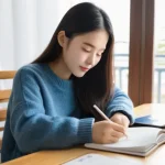 국어 필수 암기 사항 - **Hangeul and Vocabulary Study Session**
    A focused young woman in her early twenties, dressed in...