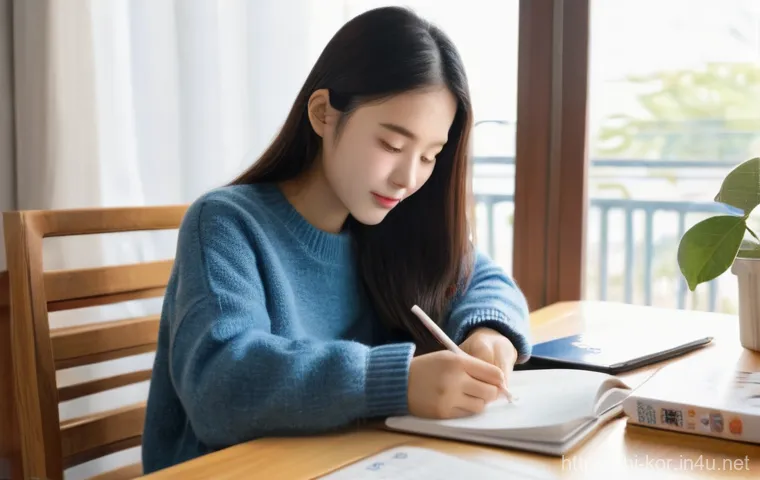 국어 필수 암기 사항 - **Hangeul and Vocabulary Study Session**
    A focused young woman in her early twenties, dressed in...