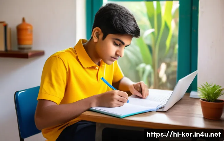 국어 독해력 향상 비법 - A focused young Indian student sitting at a clean, organized study desk in a quiet room with natural...
