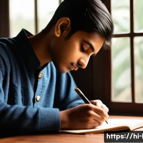 국어 학습에서의 필사법 - A detailed scene of a young Indian student practicing the FILSA method by writing Hindi poetry with ...