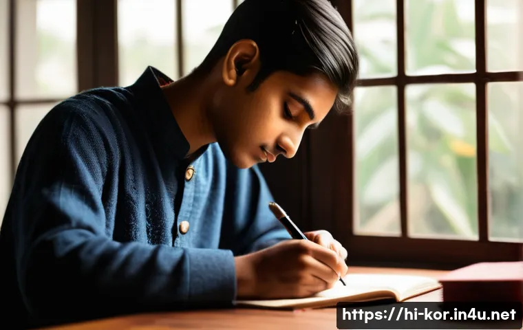 국어 학습에서의 필사법 - A detailed scene of a young Indian student practicing the FILSA method by writing Hindi poetry with ...