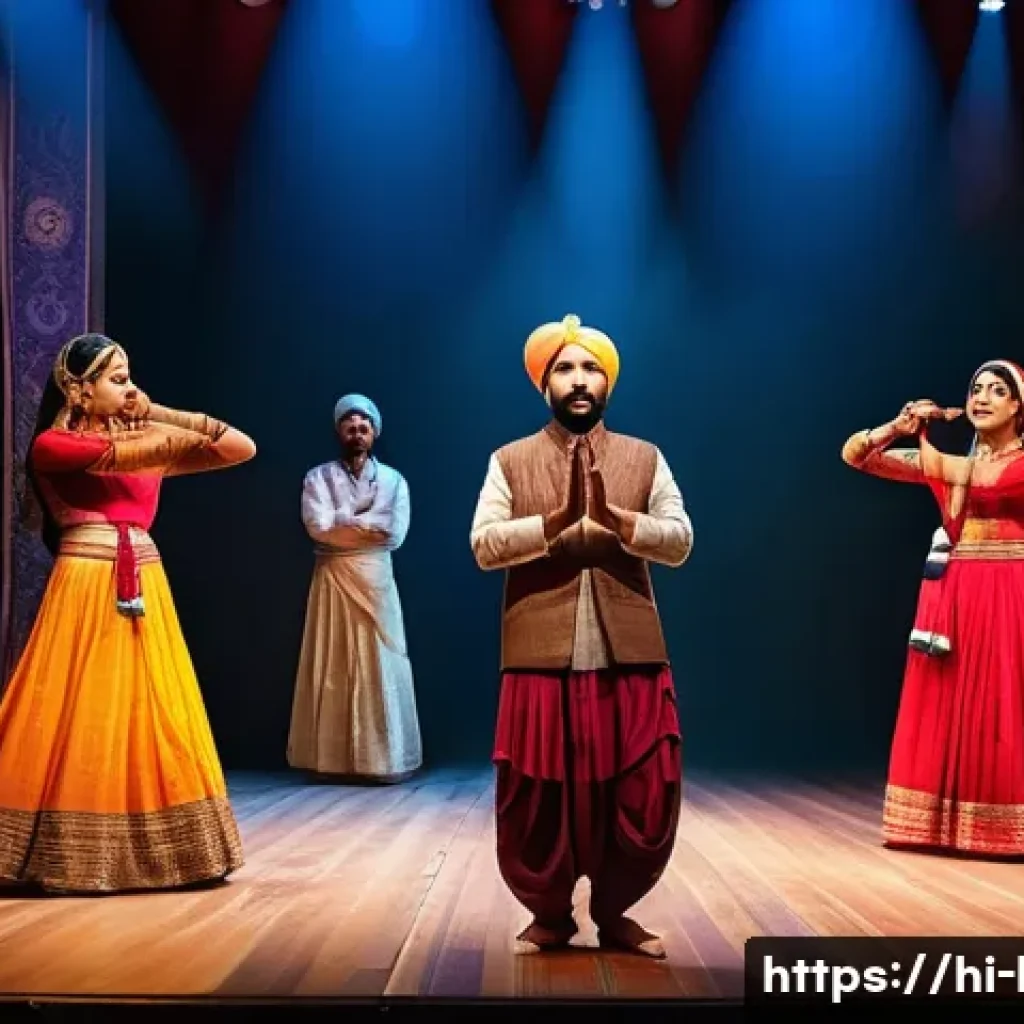 국어 희곡과 시나리오 - A vibrant theater stage scene featuring a group of actors performing a dramatic play with expressive...