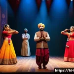 국어 희곡과 시나리오 - A vibrant theater stage scene featuring a group of actors performing a dramatic play with expressive...