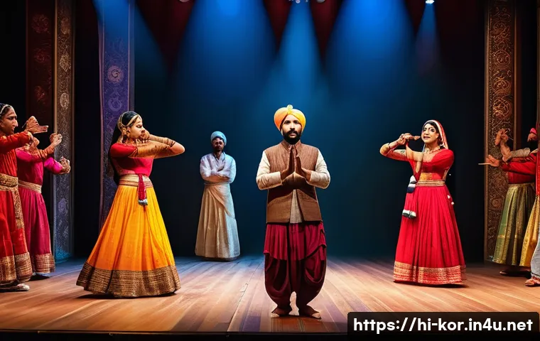 국어 희곡과 시나리오 - A vibrant theater stage scene featuring a group of actors performing a dramatic play with expressive...