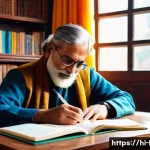 국어 작문과 창작 지도 - A warm, cozy study room setting featuring an Indian writer of Hindi descent thoughtfully journaling ...