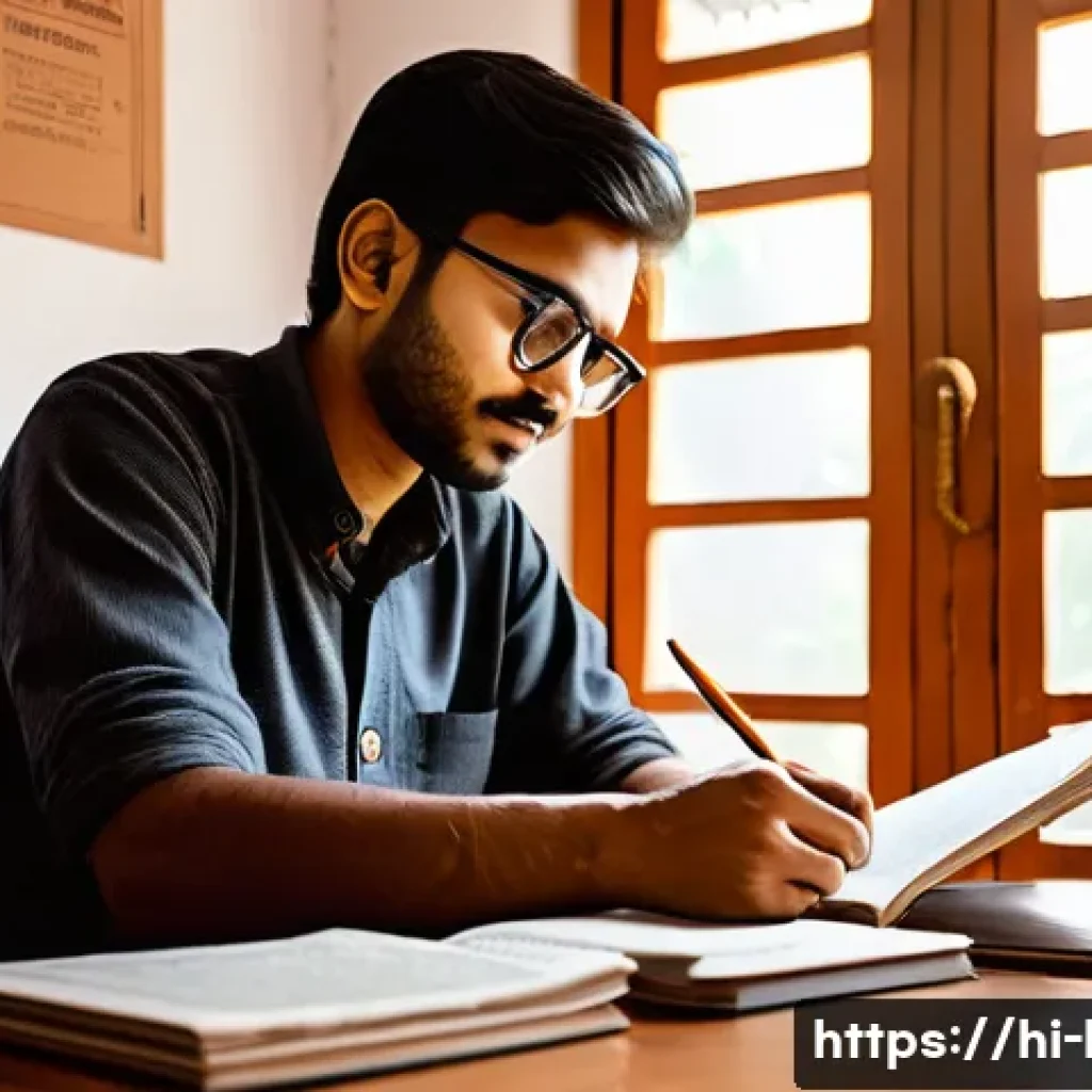 국어 시험 고득점 전략 - A focused Indian student sitting at a wooden desk in a cozy, sunlit room, surrounded by Hindi newspa...