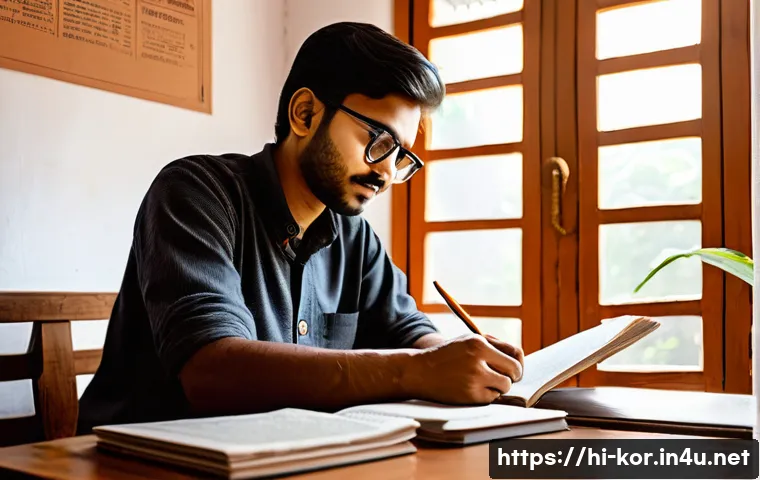 국어 시험 고득점 전략 - A focused Indian student sitting at a wooden desk in a cozy, sunlit room, surrounded by Hindi newspa...