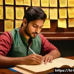 국어 어휘력 향상 방법 - A warm, inviting study room scene featuring an Indian person reading a Hindi book written in Devanag...