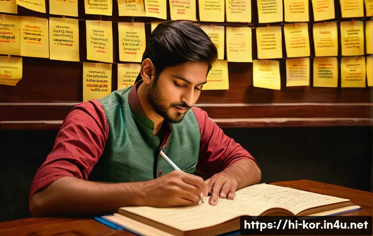 국어 어휘력 향상 방법 - A warm, inviting study room scene featuring an Indian person reading a Hindi book written in Devanag...