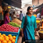 국어 학습에서의 실험적 접근법 - A vibrant local Indian market scene with a young adult enthusiastically conversing with local vendor...
