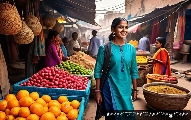 국어 학습에서의 실험적 접근법 - A vibrant local Indian market scene with a young adult enthusiastically conversing with local vendor...