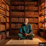 시의 운율과 비유법 - A serene, contemplative Indian poet sitting cross-legged in a traditional room adorned with soft glo...