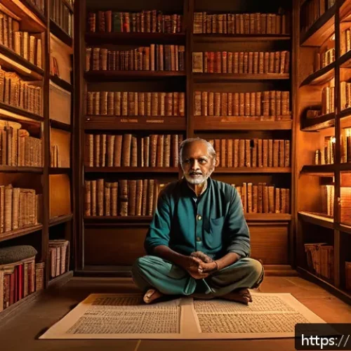 시의 운율과 비유법 - A serene, contemplative Indian poet sitting cross-legged in a traditional room adorned with soft glo...