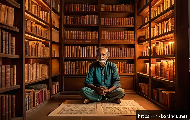 시의 운율과 비유법 - A serene, contemplative Indian poet sitting cross-legged in a traditional room adorned with soft glo...