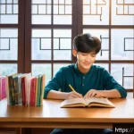 국어 어휘력 테스트 - A cozy study room scene featuring a young Hindi-speaking learner sitting at a wooden desk with an op...