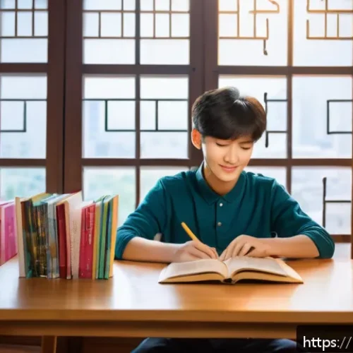 국어 어휘력 테스트 - A cozy study room scene featuring a young Hindi-speaking learner sitting at a wooden desk with an op...