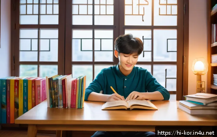 국어 어휘력 테스트 - A cozy study room scene featuring a young Hindi-speaking learner sitting at a wooden desk with an op...