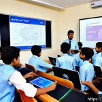 국어와 타 학문 간 융합 연구 - A modern digital classroom scene focused on Hindi language learning through technology: a diverse gr...