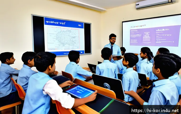 국어와 타 학문 간 융합 연구 - A modern digital classroom scene focused on Hindi language learning through technology: a diverse gr...