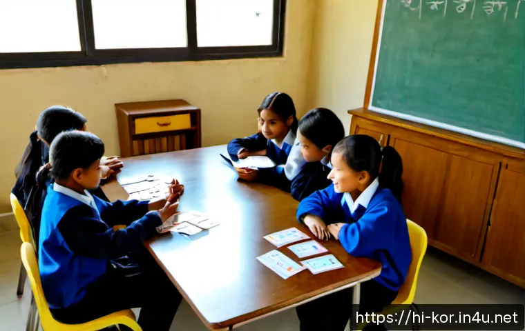 국어 교육과 다문화 환경 - Photorealistic Indian middle-school classroom during a Korean language lesson, a diverse group of Hi...