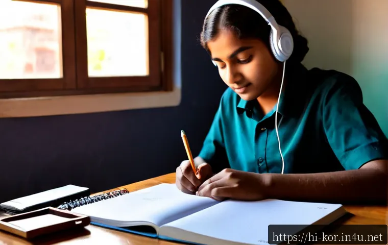 국어 학습에서의 자기주도 학습법 - Photorealistic Indian high school student practicing self-directed Hindi language learning at a tidy...